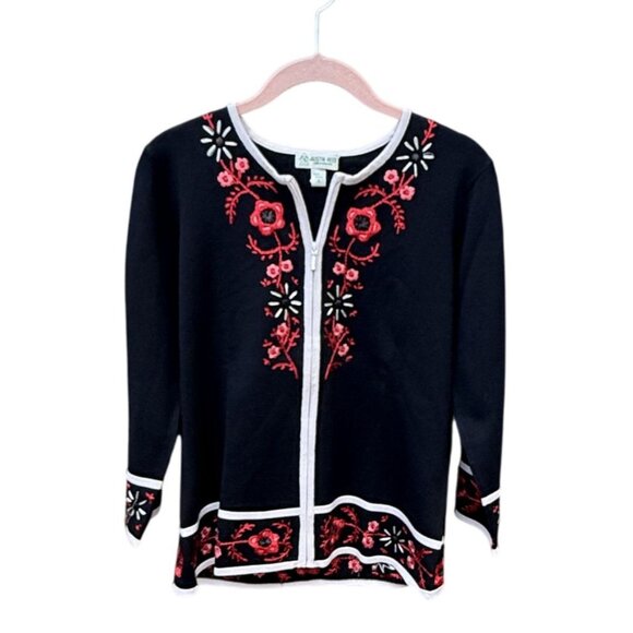 Austin Reed Black Embroidered Floral Cardigan Top Womens L Silk Blend Vintage - Picture 1 of 7